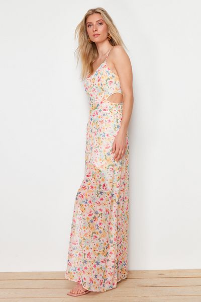 Trendyol Collection Ροζ φόρεμα με λουλουδάτο μοτίβο με λεπτομέρεια στη μέση TWOSS20EL1270