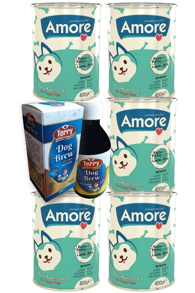 Kuzu Etli Pate Yavru Köpek 5-Konservesi, Terry Dog Brew Premiks D-Biotin Taurin 200ml Malt İçeceği