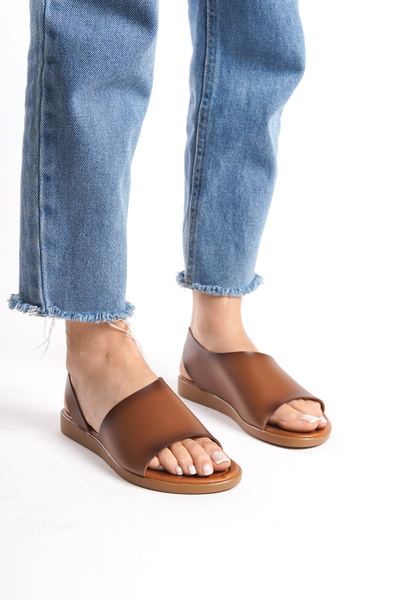 ünverdi Genuine Leather Sendy Tan Flat Sole Ankle Strap Practical Sandals