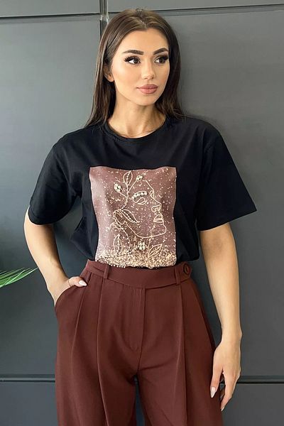 GÜLSELİ Tricou de damă cu imprimeu cu imagine brodat cu piatră pe față