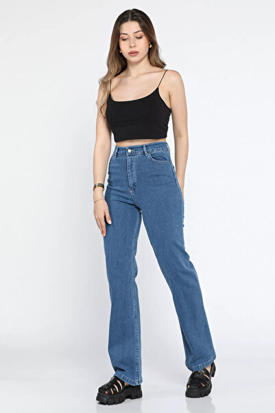 GÜLSELİ Blue High Waist Lycra Palazzo Women's Jean Jeans
