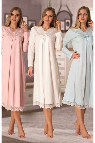 CT MODA Set de pijamale de damă din dantelă albastră - Set de halate cu mâneci lungi, bumbac, pentru gravide și pentru maternitate