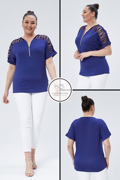 tarzımsüper Plus Size New Season Sleeve Transparent Zip Comfort Model Short Sleeve Combed Cotton Tunic T-Shirt
