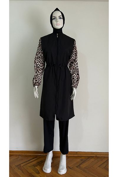 GİZGİYİM Leopard Patterned Adjustable Waist Elastic 3 Piece Hijab Swimsuit