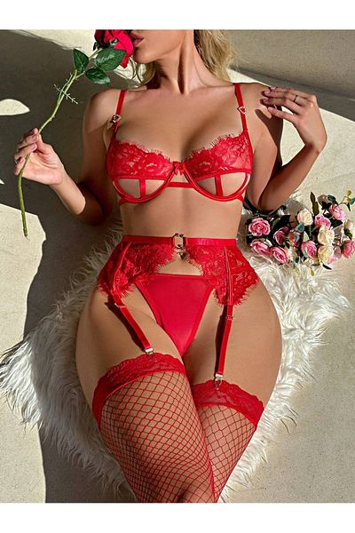 Veille Fancy Red Garter Suit - Women's Sexy Mussel Nightdress Costume, Erotic Bdsm