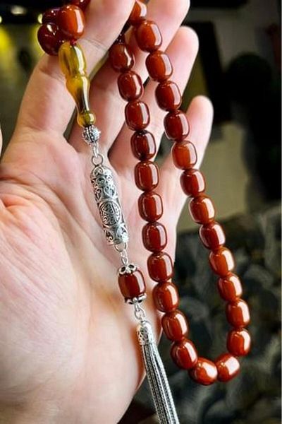 dergah tesbih تصميم Cevşen الأصلي باللون الفضي - العنبر المضغوط الجديد المصقول