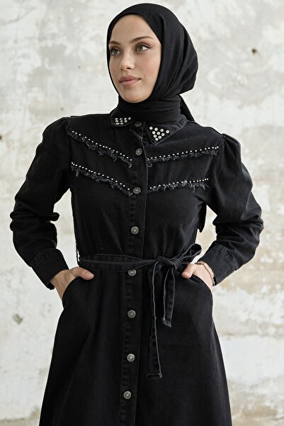 InStyle Tasseled Beaded Denim Dress - Black