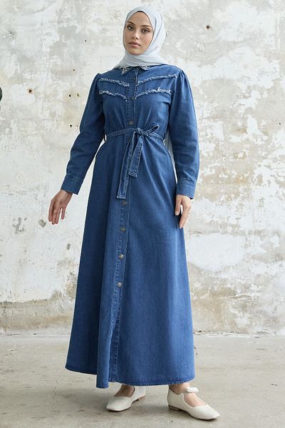 InStyle Rochie din denim cu mărgele cu ciucuri - Albastru închis