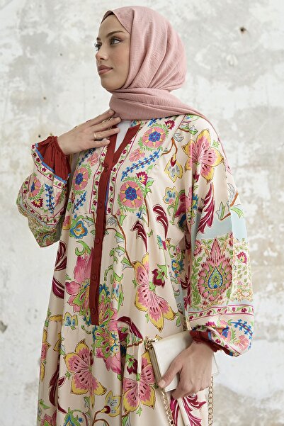 InStyle Floral Patterned Viscose Dress - Claret Red