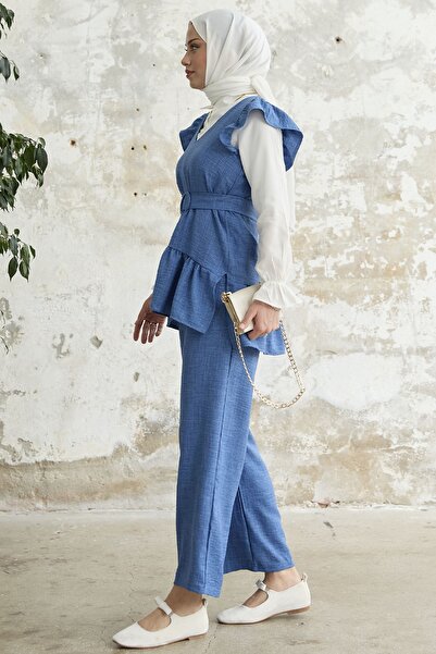 InStyle Omuzu Fırfırlı Üçlü Takım - Mavi