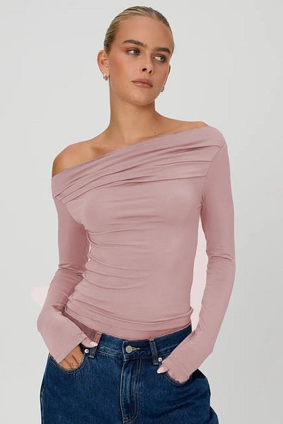 Madmext Rosa Damenbluse mit U-Boot-Ausschnitt und Raffung MG2050