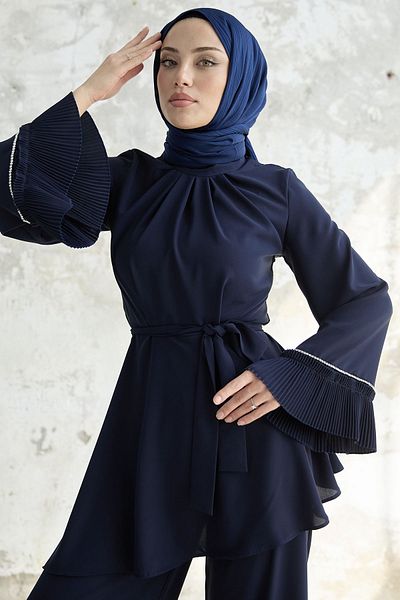 InStyle Πλισέ Μανίκι Ζώνη Διπλό Σετ - Navy Blue