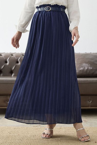 InStyle Belted Gathered Waist Chiffon Skirt - Navy Blue
