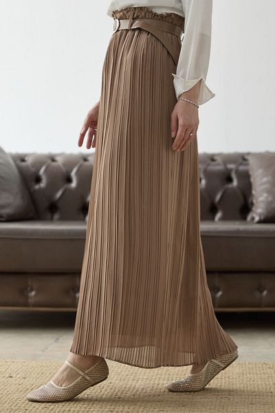 InStyle Belted Waist Gathered Chiffon Skirt - Camel
