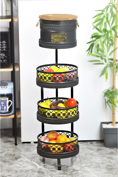 Evistro Doğal Ahşap Ekmeklikli Ferforje Sebzelik Ve Meyvelik Desenli Siyah