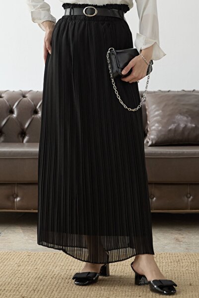 InStyle Öves, ráncos derékú sifonszoknya - fekete