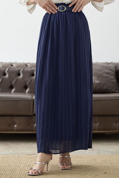 InStyle Belted Gathered Waist Chiffon Skirt - Navy Blue