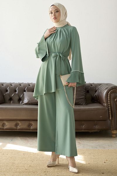 InStyle Pleated Sleeve Belted Double Set - Mint
