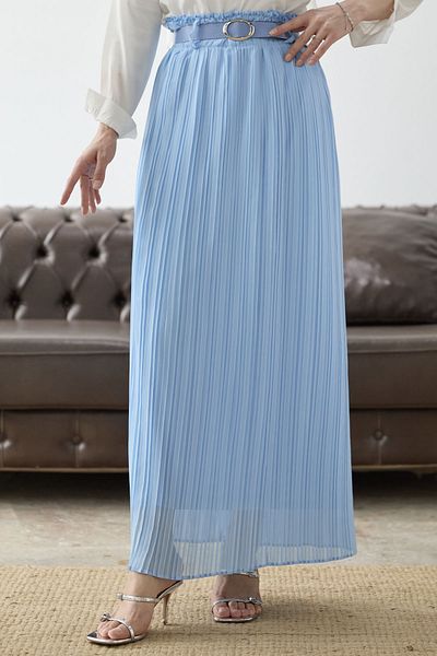 InStyle Fusta din șifon cu talie adunată cu centură - Baby Blue