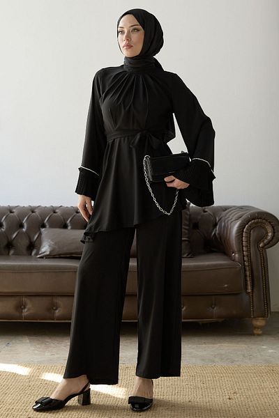 InStyle Pleated Sleeve Belted Double Set - Black