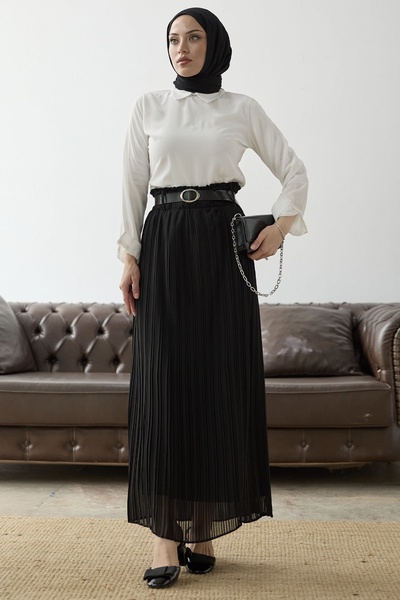 InStyle Öves, ráncos derékú sifonszoknya - fekete