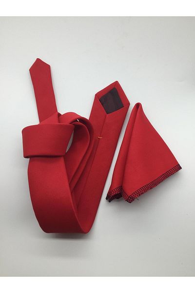 HARES Red Matte Dupont Satin Handmade Tie & Handkerchief