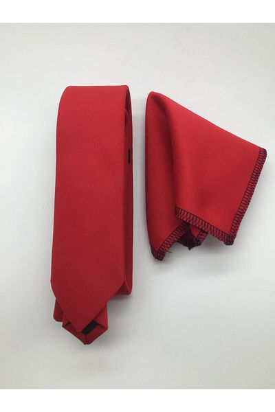 HARES Red Matte Dupont Satin Handmade Tie & Handkerchief