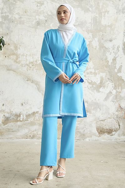 InStyle Set kimono cu modele de broderie - albastru