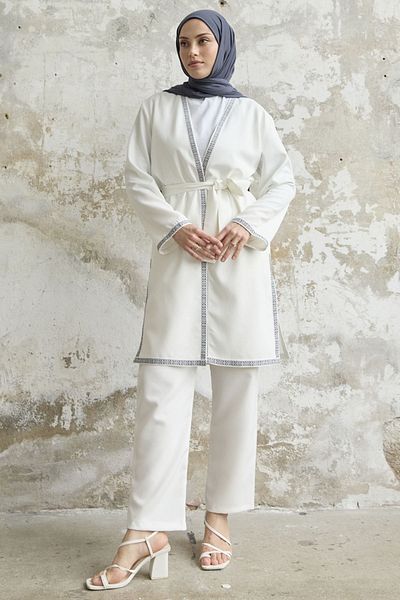 InStyle Set kimono cu model de broderie - alb