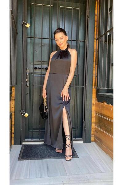 BUKETLİ Siyah Çift Yırtmaçlı Saten Elbise