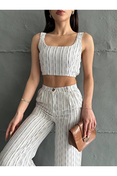 Eke Tekstil Σετ λινό παντελόνι Navy Blue ριγέ Crop