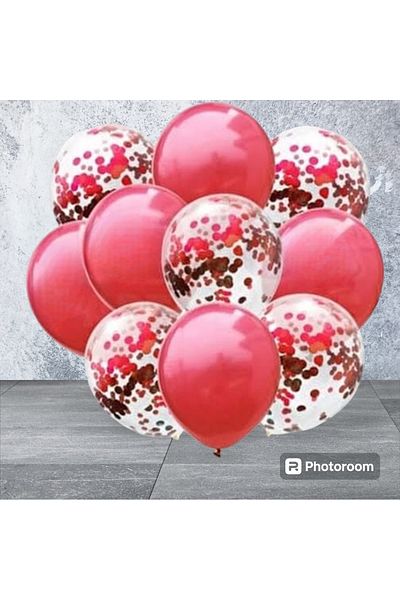 Deniz Party Store Transparent metallic Red Balloon Set with Red Confetti 10 Pieces