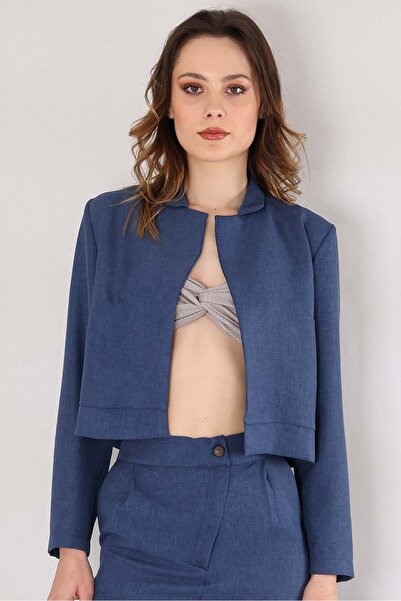 Fashion Showcase Crop Linen Summer Women's Blazer Jacket - Indigo