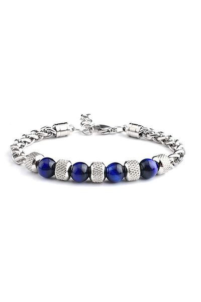 Tesbihane Blue Tiger Eye & Steel Combination Length Adjustable Avant-Garde Men's Bracelet