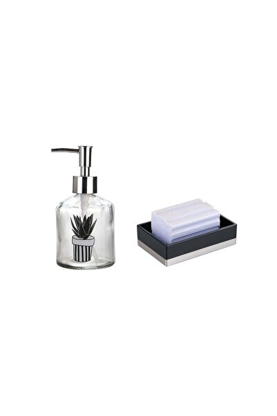 Genel Markalar BANYO SETİ,BİTKİ DESENLİ CAM SIVI SABUNLUK VE AKRİLİK SİYAH SA...