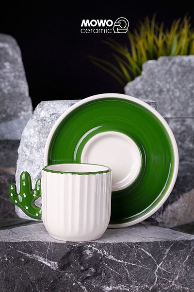 Mowo Home 2 Pieces Cactus Patterned Turkish Coffee - Espresso Cup, Gift Cactus Cup
