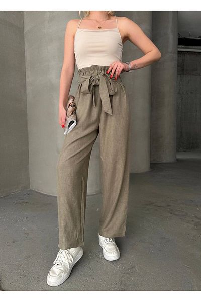 ModaWiser Women's New Season Flaming Linen Belt Tie-Up Detail Pants Green