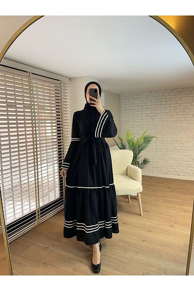 VOLT CLOTHİNG Besticktes Leinenkleid mit Hemdkragen für Damen