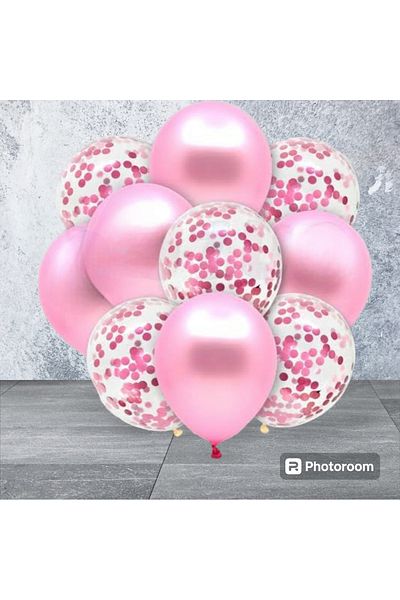 Deniz Party Store Transparent metallic Pink Balloon Set with Pink Confetti 10 Pieces