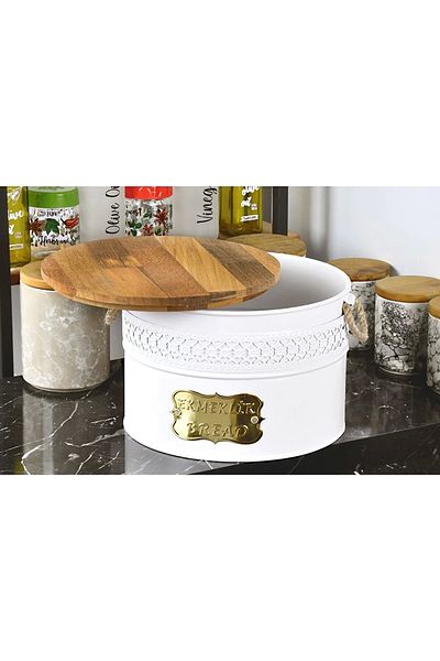 Evistro Metal Bread Bowl with Wooden Cutting Board and Wicker Handle Bread Bowl White