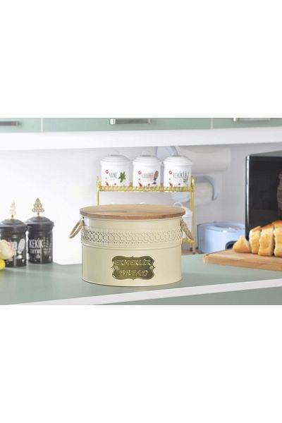 Evistro Metal Bread Bowl with Wooden Cutting Board and Wicker Handle Bread Bowl Cream
