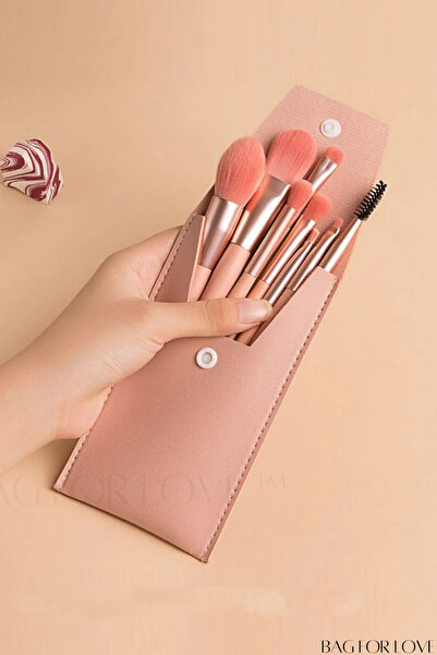 H&E LUXURY DESIGN 8'li Deri Çantalı Taşınabilir Makyaj Fırçası Seti 12cm