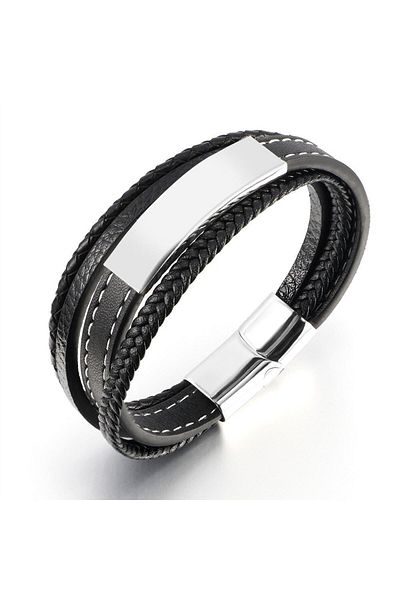 Tesbihane Four Layer Black Leather & Silver Color 316 L Quality Steel Combination Men's Bracelet
