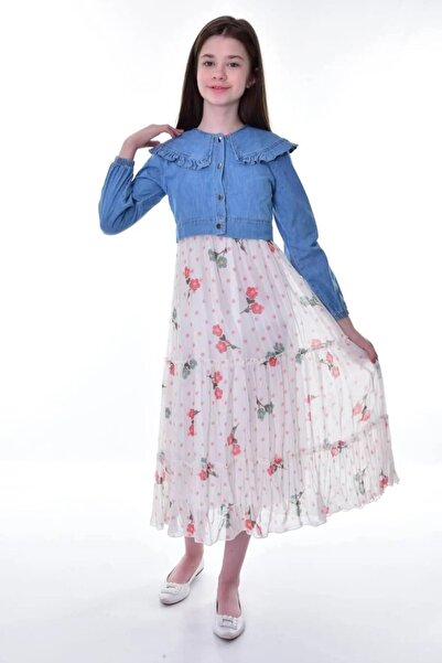 Wild Flower Kız Çocuk Kot Bolerolu Astarlı Şifon Uzun Çiçekli Elbise