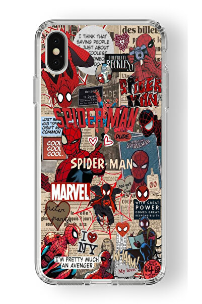 Space Star iPhone X ve Xs Uyumlu Spiderman Kolaj Tasarım Baskılı Şeffaf Kılıf