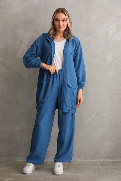 WestBound Women's Hijab Summer Trench Trousers Bottom Top Double Linen Set - Petrol