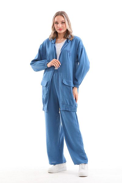 WestBound Women's Hijab Summer Trench Trousers Bottom Top Double Linen Set - Petrol