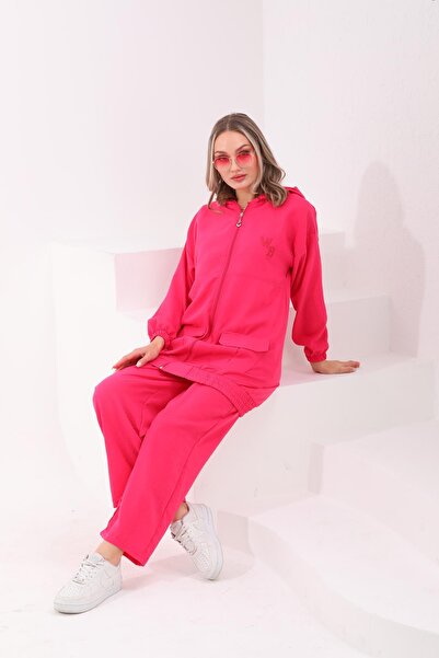 WestBound Women's Hijab Summer Trench Trousers Bottom Top Double Linen Set - Fuchsia