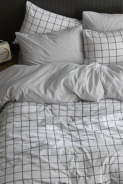 Sares Home Geometric Pattern Single Duvet Cover Set White Plaid Two-Way Use Bed Sheet Plain Gray Color