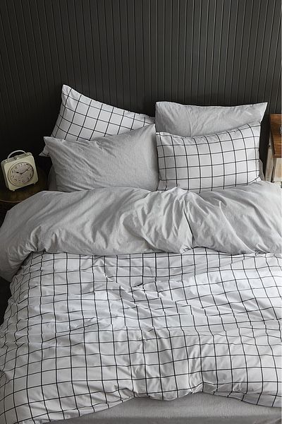 Sares Home Geometric Pattern Single Duvet Cover Set White Plaid Two-Way Use Bed Sheet Plain Gray Color